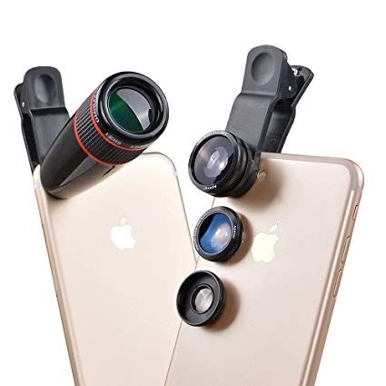 Apexel 4 in 1 Camera Lens 12x Telephoto Lens/Fisheye/ Wide Angle   Macro Lens with Universal Clip for iPhone iPad Samsung Galaxy Sony LG Motorola HTC Black