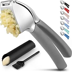 Zulay Comfort Grip Garlic Press - Garlic Mincer Tool - Garlic Crusher - Garlic Press Mincer Rust Proof, with Soft Ergonomic Handle, Easy Clean Set with Peeler and Brush - Gray