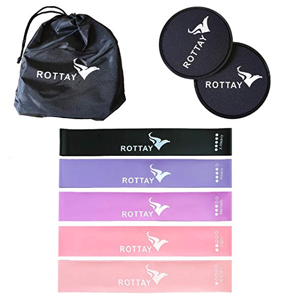 ROTTAY 5 Resistance Loop Bands with 2 Double-Sided Core Sliders and Storage Bag for Men & Women