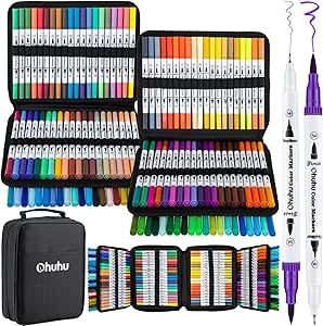 Ohuhu 160 Colors Brush Marker Set, Dual Tips Brush Fineliner Art Marker Pen, Water-Based Adult Coloring Markers for Calligraphy Drawing Sketching Bullet Journal with Carry Bag