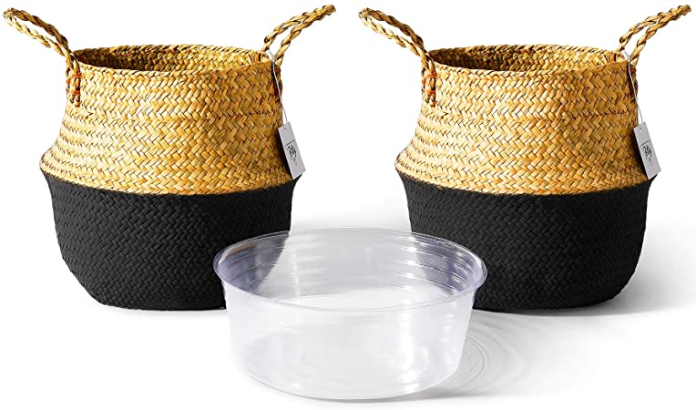 POTEY 720501 2 Pack Seagrass Plant Basket - Hand Woven Belly Basket with Handles, Storage Laundry, Picnic, Plant Pot Cover, Home Decor and Woven Straw Beach Bag (Middle,Brown Black)