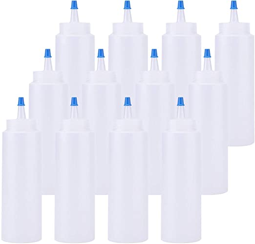 Fasmov 8-ounce Squeeze Bottles with Blue Tip Cap for Ketchup, Sauces, Salad Dressings, Crafts and More, Set of 12