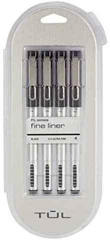 TUL Fine Liner Porous-Point Pens, Ultra-Fine, 0.4 mm, Silver Barrel, Black Ink, Pack of 4 Pens