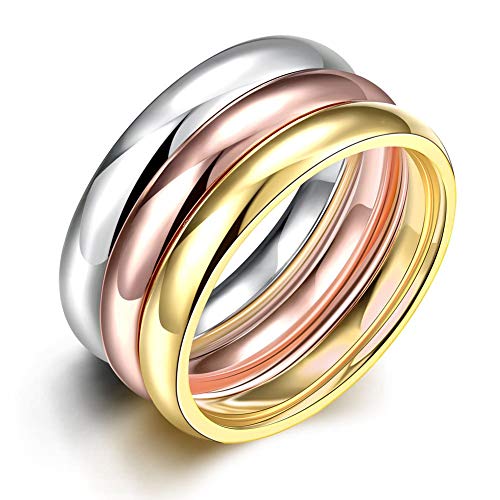 JAJAFOOK Women's 3mm Plain Band Stackable Ring Tri-Colors Stainless Steel Stack Band Rings Set