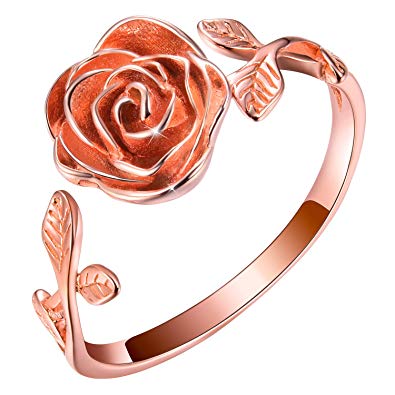 Esberry✦Gifts for Mother's Day with Gift Wrap✦18K Gold Plated S925 Sterling Silver Rings Rose Open Ring 3D Rose Shape Adjustable Ring Jewelry for Women and Girls