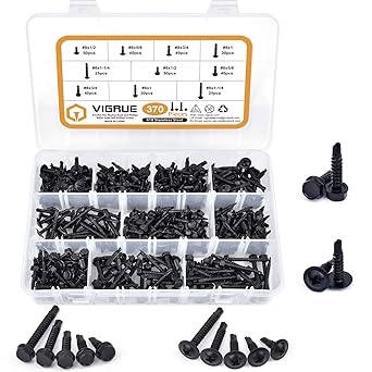410 Stainless Steel #8 Self Drilling Tek Screws Hex Washer & Modified Truss Head Self Tapper, VIGRUE 370PCS Self Tapping Screws for Metal Plastic Assortment Kit, Length 1/2" to 1-1/4", Black Oxide