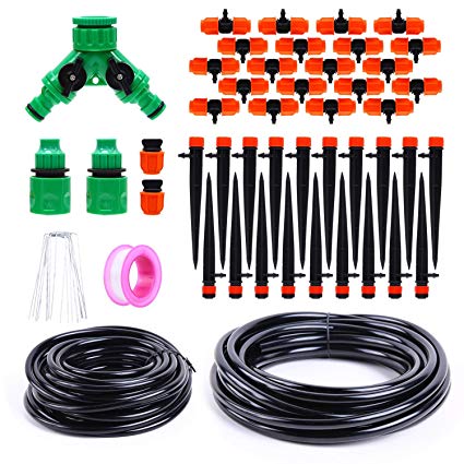 Ohuhu DIY Drip Irrigation Kit Plant Watering System, 1/2" & 1/4" Heavy Duty Tube, 2 Different Drip Irrigation Emitters Drippers, Water-Saving System for Garden Greenhouse, Pot Plants, Flower Beds
