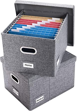 Prandom File Organizer Box - Set of 2 Collapsible Decorative Linen Filing Storage Hanging File Folders with Lids Office Cabinet Letter/Legal Size (17x14x11.2 inch)…