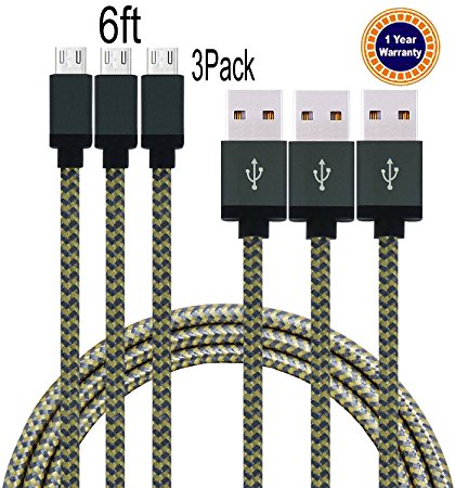 Jricoo Micro USB to USB Cable 2.0 6ft Nylon Braided Extremely Long USB Charging Cable for Android, Samsung Galaxy, HTC, Nokia, Huawei, Sony and Other Tablet Smartphone (gold and gray)