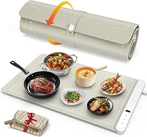 FYY Food Warming Mat - Electric Warming Tray with 6 Temperature Settings and 6 Hours Timer, Full Surface Heating Food Warmer, Premium Silicone Rollable Heating Tray for Gatherings, Parties, Khaki