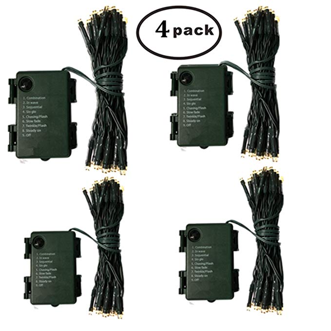 4 Pack - Battery Operated Outdoor Christmas Tree String Lights with 50 Warm White LEDs on 16.5ft/5m of Dark Green Cable,Ambiance Lighting for Bedroom Patio Garden Gate Yard Parties Wedding Decoration