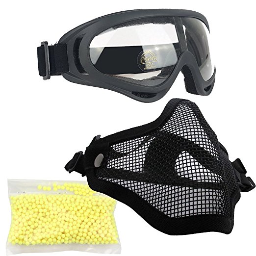 Airsoft Masks - Adjustable Half Metal Steel Mesh Face Mask And UV400 Goggles Set For Hunting, Paintball, Shooting