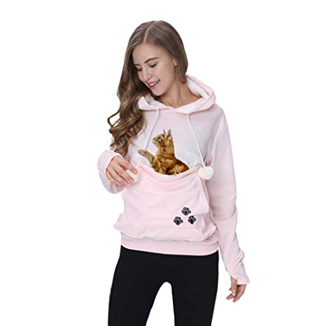 Women’s Pet Pouch Holder,Dog Cat Carrier Sweatshirt Long Sleeve Kangaroo Pullover Hoodie Womens Tops Animal Pouch Hood