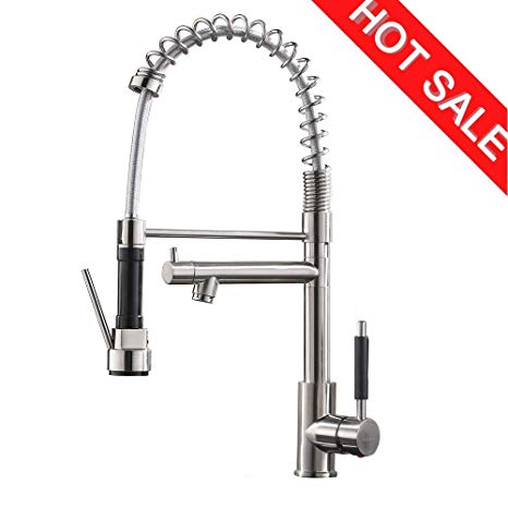 VCCUCINE Modern Commercial High Arch Brushed Nickel Stainless Steel Single Lever Pull Out Sprayer Kitchen Faucet, Two Spout Sprayer Kitchen Sink Faucet