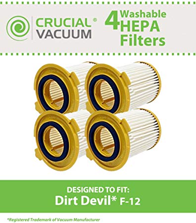 4 Dirt Devil F12 Long-Life HEPA Filter, WASHABLE & REUSABLE, Compare to Dirt Devil Part# 3KD1680000, 3-KD1680-000 F12 Vision Canister Filter, Designed and Engineered by Crucial Vacuum