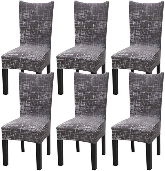 YISUN Stretch Dining Chair Covers Removable Washable Short Dining Chair Protect Cover for Hotel,Dining Room,Ceremony,Banquet Wedding Party (Dark Grey/Line Pattern, 6 PCS)
