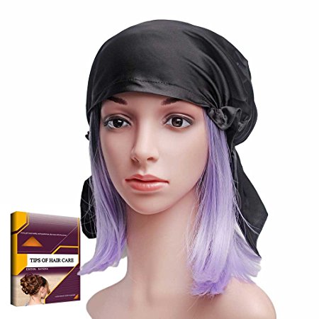 Savena 100% Mulberry Silk Night Sleeping Cap for Long Hair Bonnet Hat Smooth Soft Many Colors, Hair Care Ebook Included (Black)