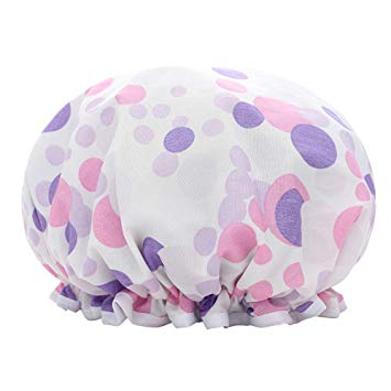 Double-layer Waterproof Shower Cap For Women, Most Comfortable Bath Hat To Keep Hair Dry, Purple Circles - White
