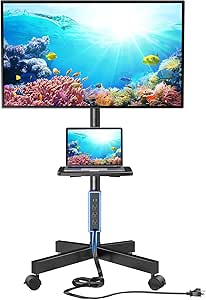 HUANUO Rolling TV Stand with Power Outlet, Mobile TV Stand for 23-60 Inch Flat/Curved LED/LCD/OLED TVs up to 88 lbs, TV Cart Height Adjustable Portable TV Stand on Wheels Max VESA 400x400mm- HNTVMC02