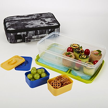Fit & Fresh Kids' Bento Box Lunch Kit with Reusable BPA-Free Removable Plastic Containers, Insulated Lunch Bag and Ice Packs, Kids, Men, Ladies