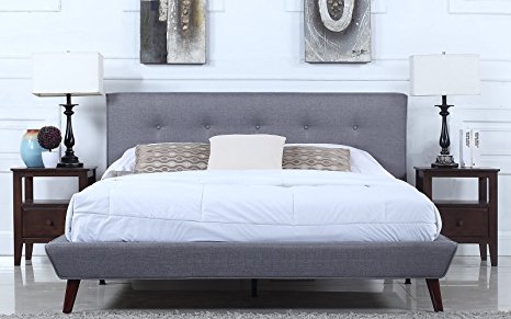 Mid-Century Grey Linen Low Profile Platform Bed Frame with Tufted Headboard Design (Euro King)