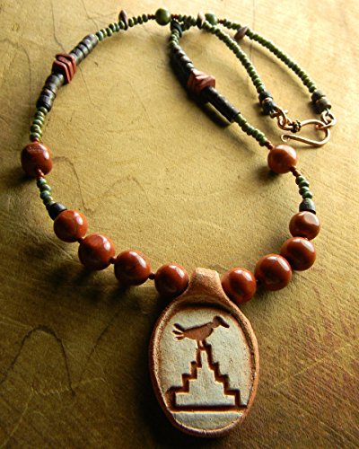 Aztec Bird Pendant Necklace Terracotta Artisan Red Jasper Beaded Jewelry