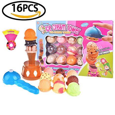 Children's Balance Game Set Colorful Ice Cream Cone Tower With Scooper Plastic Fun Little Toys Kitchen Dessert Package For Birthday Party - 12 Scoop Flavors