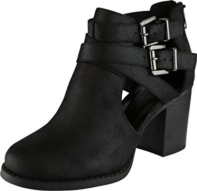 Cambridge Select Women's Buckle Side Cut Out Chunky Stacked Heel Ankle Bootie
