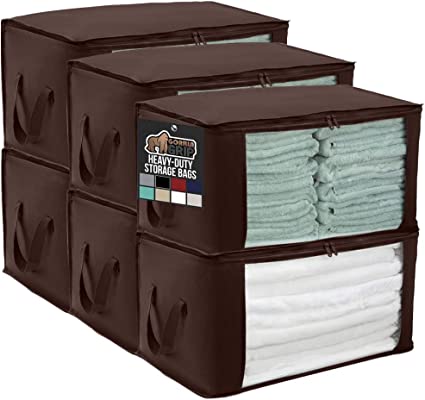 Gorilla Grip Large Capacity 6 Pack Clothes Storage Bag Organizer, 90L, Reinforced Handles, Thick Fabric for Blankets, Bedding, Clothing, Foldable Zipper Container Bags, Clear Window Closet Totes Brown