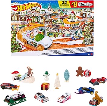 Hot Wheels Toy Car Set, 2023 Advent Calendar with 8 Cars in 1:64 Scale, 16 Accessories & Playmat, Gift for Kids