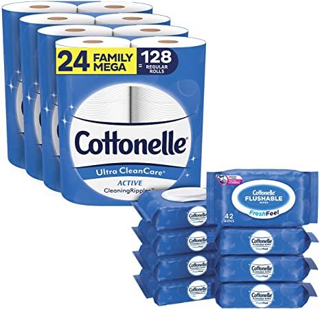 Toilet Paper & Flushable Wipes Bundle Pack, Cottonelle Ultra CleanCare Toilet Paper (24 Family Mega Rolls)   FreshFeel Flushable Wet Wipes for Adults (8 Flip-Top Packs, 336 Total Wipes)