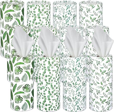 12 Pcs Eucalyptus Leaves Car Tissue Holder with Facial Tissue Bulk Cylinder Tissue Holder for Car Round Container Tissues Box for Car Cup Holder Car Napkins Travel