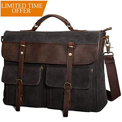 Large Messenger Bag for Men Tocode, Vintage Waxed Canvas Satchel Leather Briefcases Crossbody Shoulder Bags, 15.6 inch Computer Laptop Bags Water Resistant Travel Work Bag (Black)