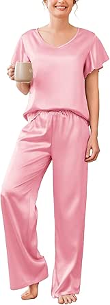 Ekouaer Silk Pajamas Satin 2 Piece Short Sleeve Top and Long Pants Pj Sets Silky Sleepwear Loungewear for Women