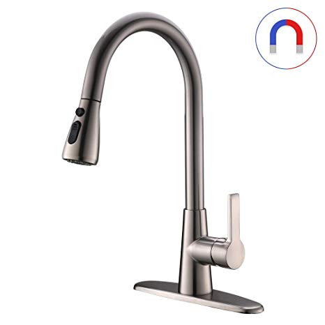 VOKIM Stainless Steel Brushed Nickel Pull Down Kitchen Faucet with Magnetic Docking Sprayer, Single Handle Commercial High Arc Single Hole Pull Out Kitchen Sink Faucets