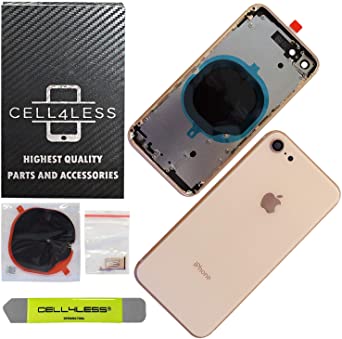 CELL4LESS Back Housing Assembly Metal Frame w/Back Glass - Wireless Charging pad - Sim Card Tray and Camera Frame and Lens for iPhone 8 (Gold)