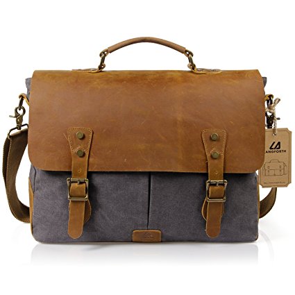 Langforth Genuine Leather Vintage 15.6" Laptop Canvas Messenger Satchel Bag Grey