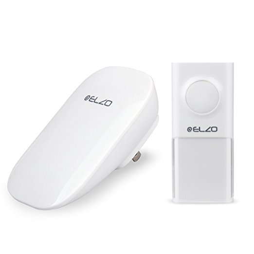 Elzo [Battery Free Kinetic & 500ft Range] Wireless Doorbell, Plugin Door Chimes/Bells/Recievers, Self Powered IP55 Water Resistant Push-Button/Transmitter - 25 musical tones & 3 Volume Levels (White)