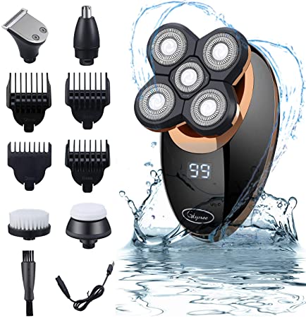Glynee Electric Shaver Razor for Men Shaver Trimmer Grooming 5 in 1 Rotary Cordless Hair Clippers for Perfect Bald Look with 4D Floating 5 Razor Head LED Display IPX7 Waterproof Quick USB Rechargeable