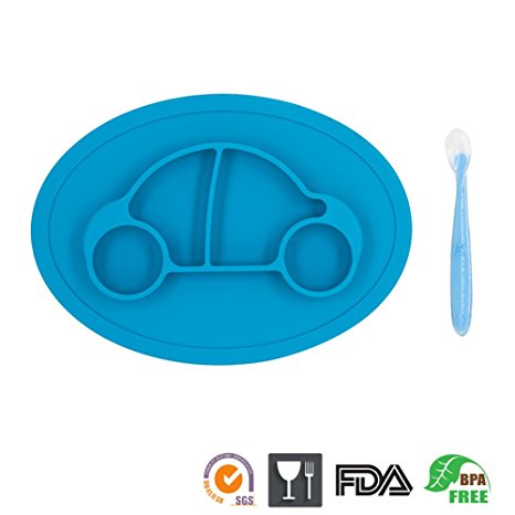 One-Piece Silicone Mini Placemat Plate-Highchair Feeding Tray Suction Placement with a ziplock bag for Children, Kids, Toddlers,Kitchen Dining Table Out Door Travel(Blue Car)