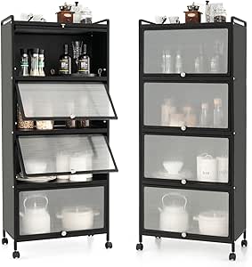 Giantex 5-Tier Kitchen Storage Cabinet, Mobile Microwave Stand with Flip-up PC Doors, Freestanding Kitchen Bakers Rack with 4 Rolling Casters, for Dining Room, Living Room and Study, Black