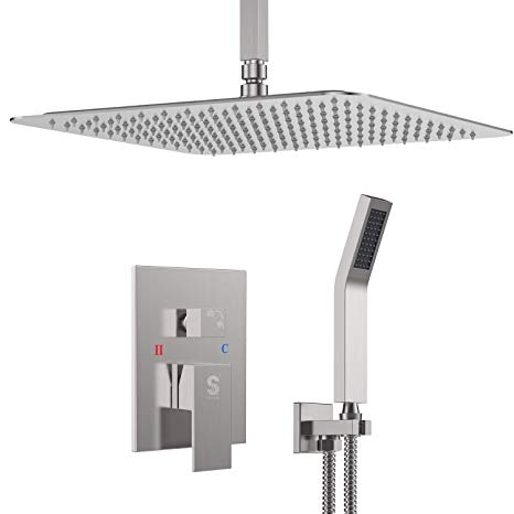 SR SUN RISE 16 Inch Ceiling Mount Brushed Nickel Shower System Bathroom Luxury Rain Mixer Shower Combo Set Ceiling Rainfall Shower Head System (Contain Shower Faucet Rough-In Valve Body and Trim)