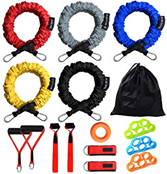 Rocutus Resistance Bands Set, 15 Pack Exercise Resistance Tubes with Anti-Snap Heavy Duty Protective Nylon Sleeves,20lbs to 40lbs Resistance Tubes,Door Anchor Ankle Strap up to 150lbs