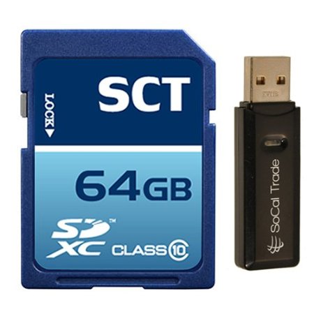 1 X 64GB SD XC SDXC Class 10 SCT Professional High Speed Memory Card SDXC 64G (64 Gigabyte) Memory Card for Nikon DSLR D800 D800E D3100 D3200 D5100 D7000 with SoCal Trade, Inc. MicroSD & SD Card Reader