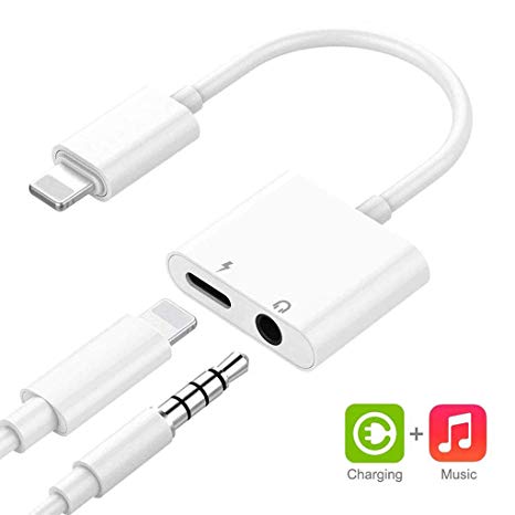 3.5 mm Headphone Jack Adapter Dongle for iPhone 7 Earphone Adapter Audio and Charge for iPhone Xs Max/XR/XS/X/8/8Plus Dual Headphone Jack Splitter Audio Aux Cable Car Charger Support iOS 11 or Higher