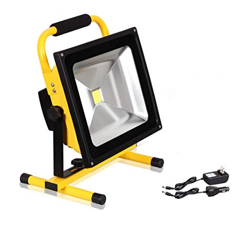 T-SUN 50W LED Rechargeable Portable Work Light, IP65 Waterproof Stand Detachable Flood Light, Security Emergency Light, 4500LM, Daylight 6000K, Outdoor Site Light, UK Adapter and Car Charger Included.