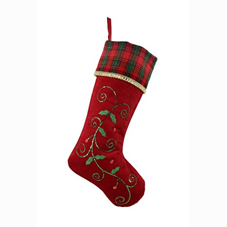 Valery Madelyn 21" Traditional Holly Leaves Stocking with Red and Green Tartan Cuff