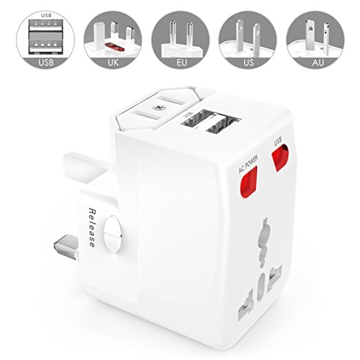 SMYLLS Universal Travel Adapter All-in One Travel Adapter Plug with USB Charger for UK US AU EU (White)