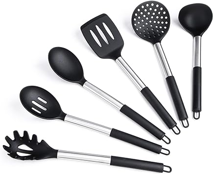 Silicone Kitchen Utensils Set - Culinary Couture 6-Pieces Black Silicone Cooking Utensils Set for Nonstick Cookware - Silicone Spatulas Set, Stainless Steel Handle & Other Kitchen accessories