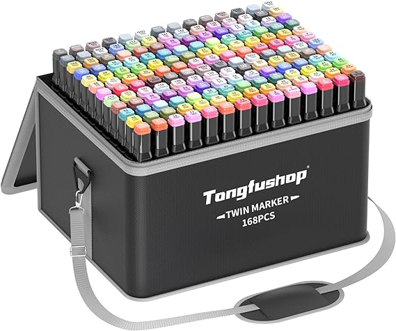 Tongfushop Alcohol Markers, 168 2 Colors Dual Tip Art Markers, Markers for Adult Coloring, Drawing, Sketching, Illustration, Markers for Kids Beginners Artists with Pad, Markers Set No Blending